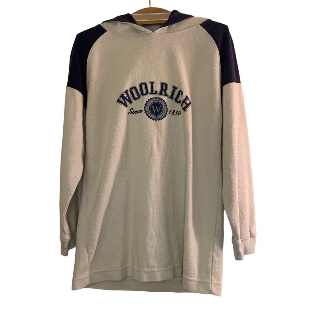 WOOLRICH Boy’s Ivory/Navy Pull-Over Hooded Long Sleeve Shirt / Size: Small